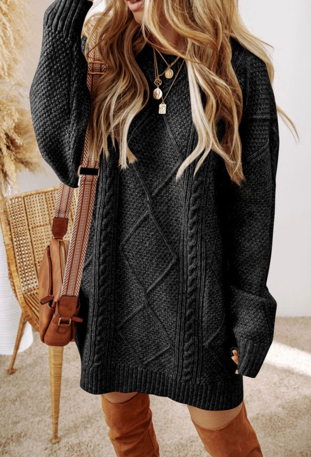 Black Cable Knit Sweater Dress