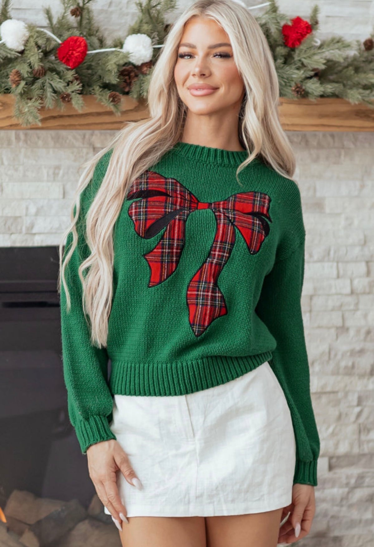 Evergreen Christmas Plaid Bow Sweater