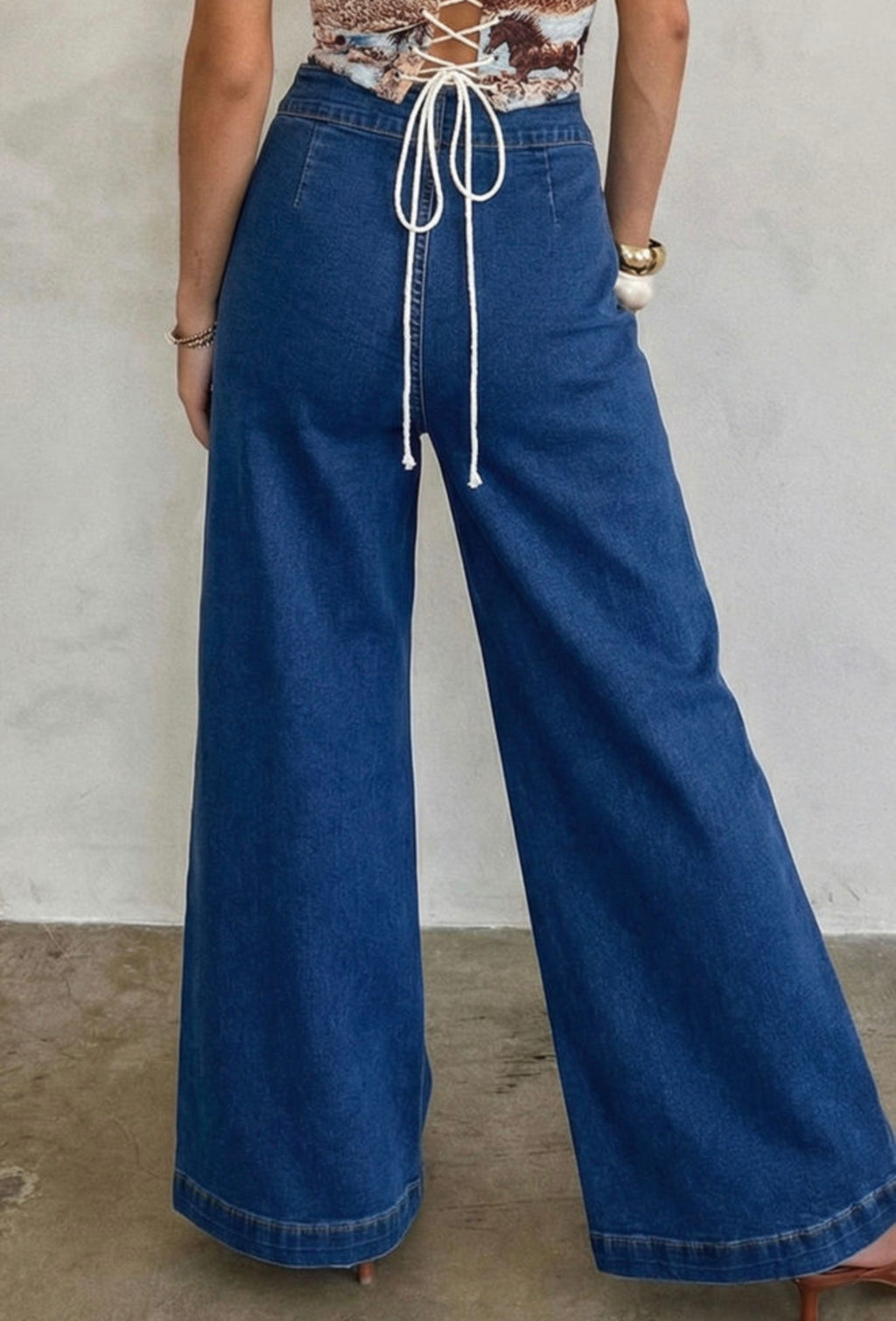 Blue High-Waisted Wide-Leg Jeans with Gold Hardware