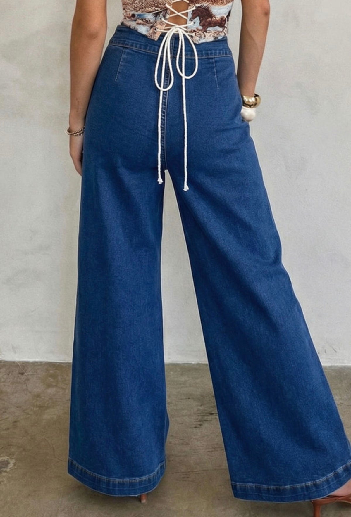 Blue High-Waisted Wide-Leg Jeans with Gold Hardware