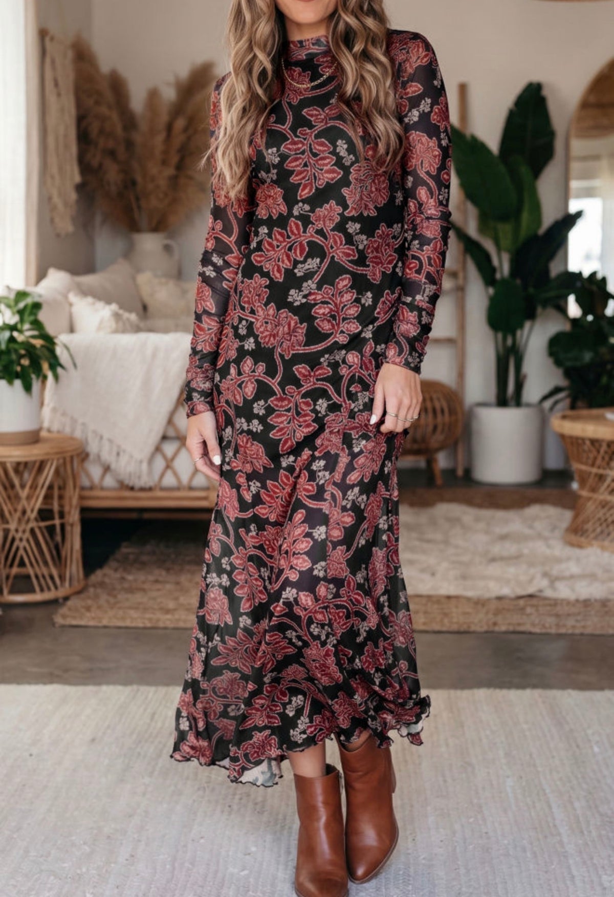 Black & Rust Floral Long Sleeve Maxi Dress