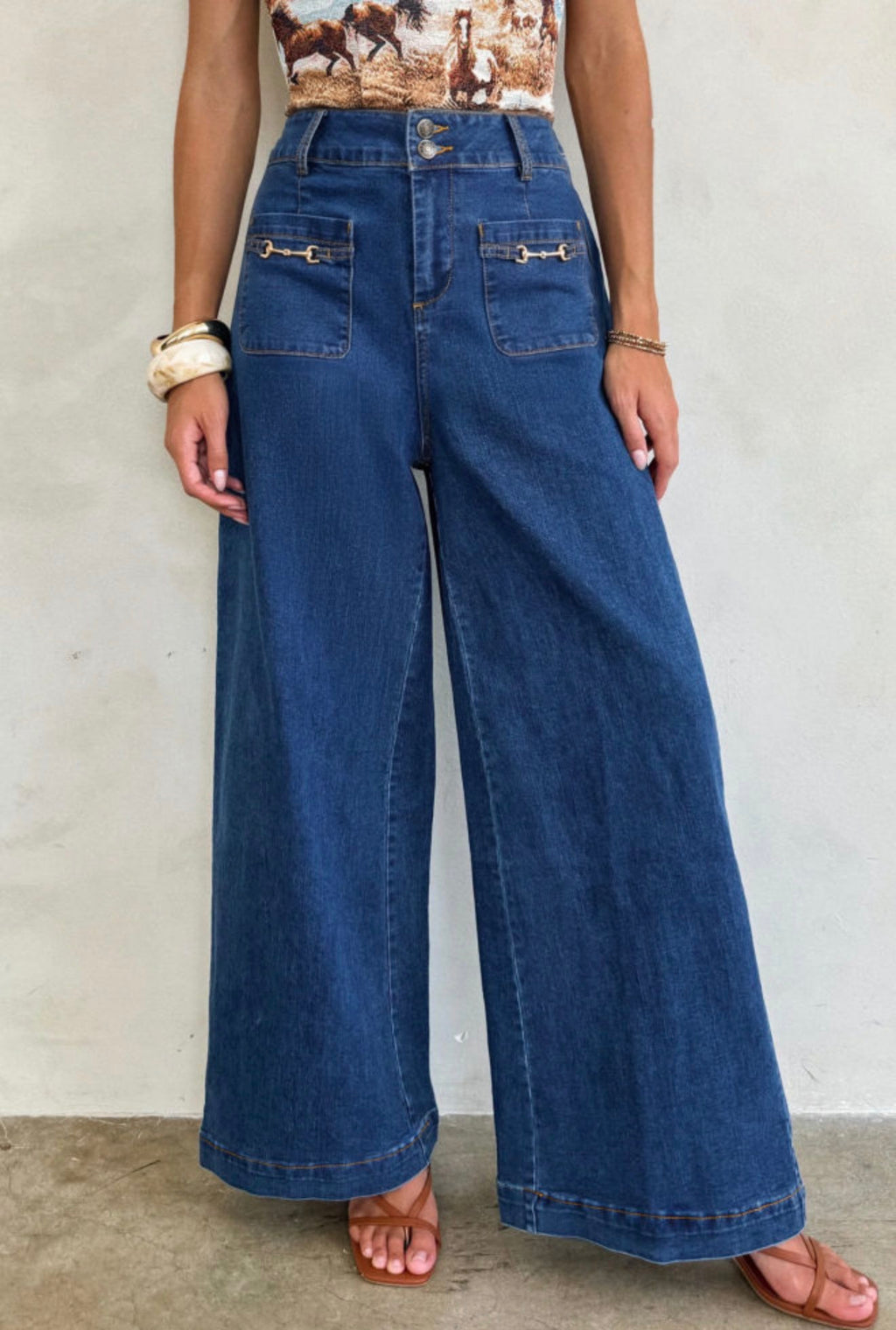 Blue High-Waisted Wide-Leg Jeans with Gold Hardware