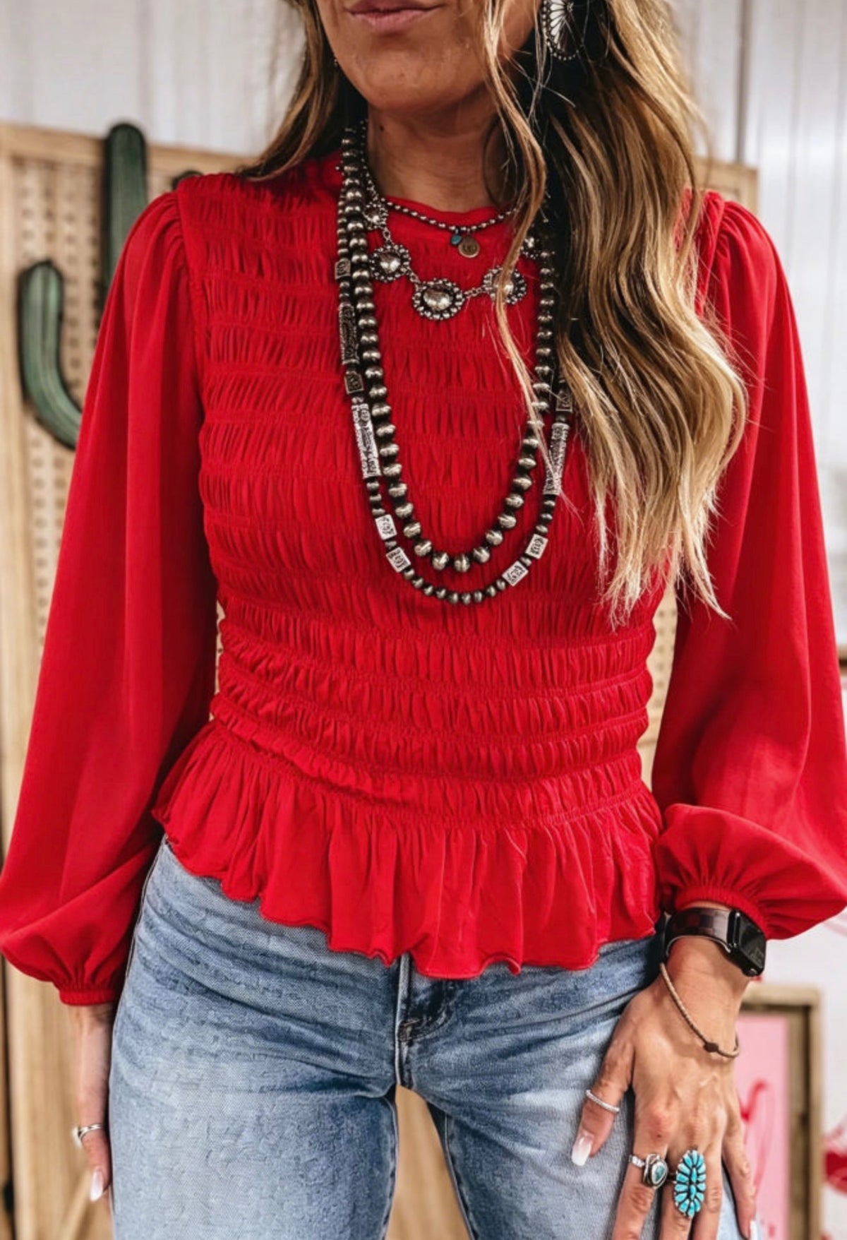 Racing Red Smocked Peplum Blouse
