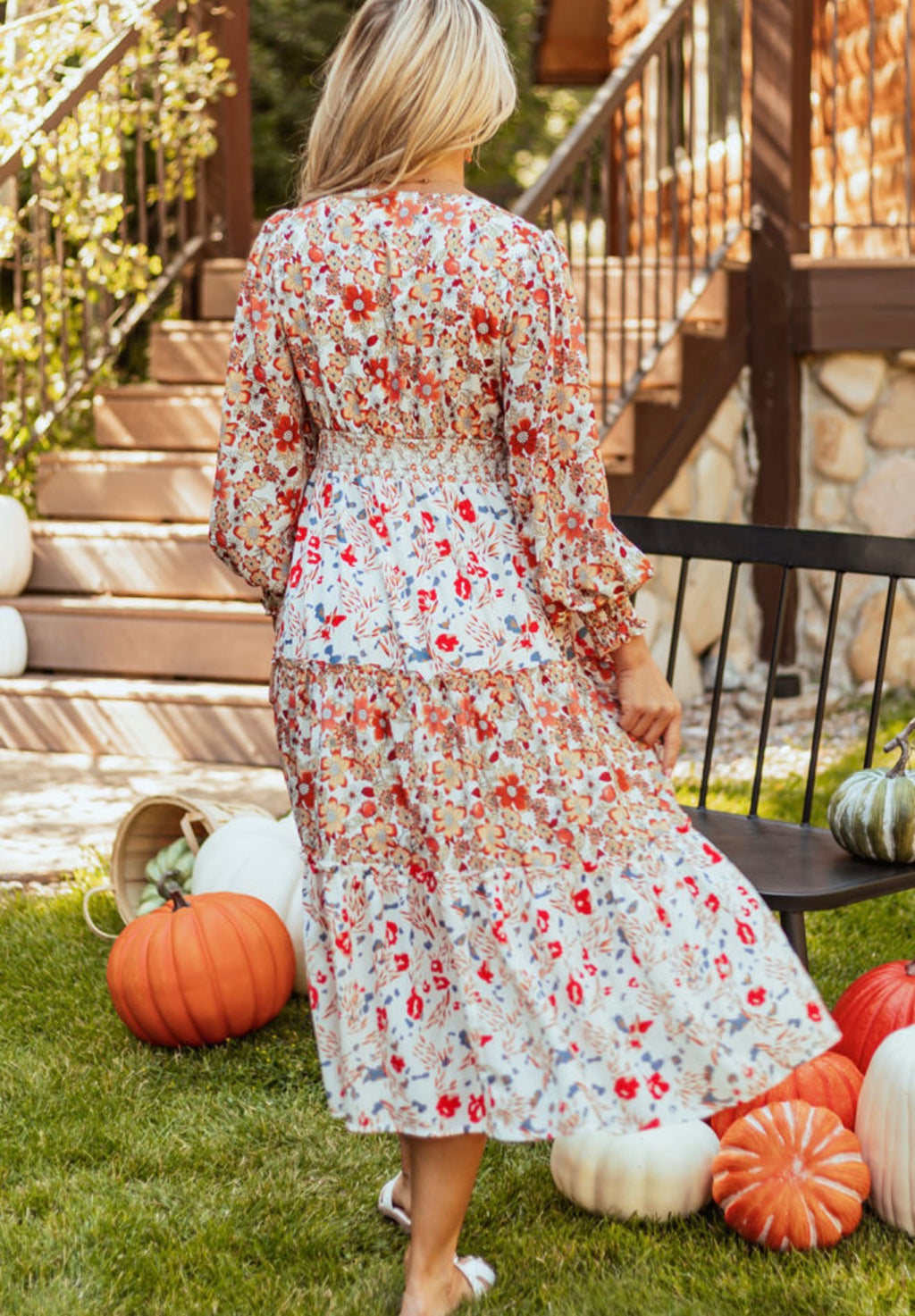 Autumn Floral Tiered Midi Dress