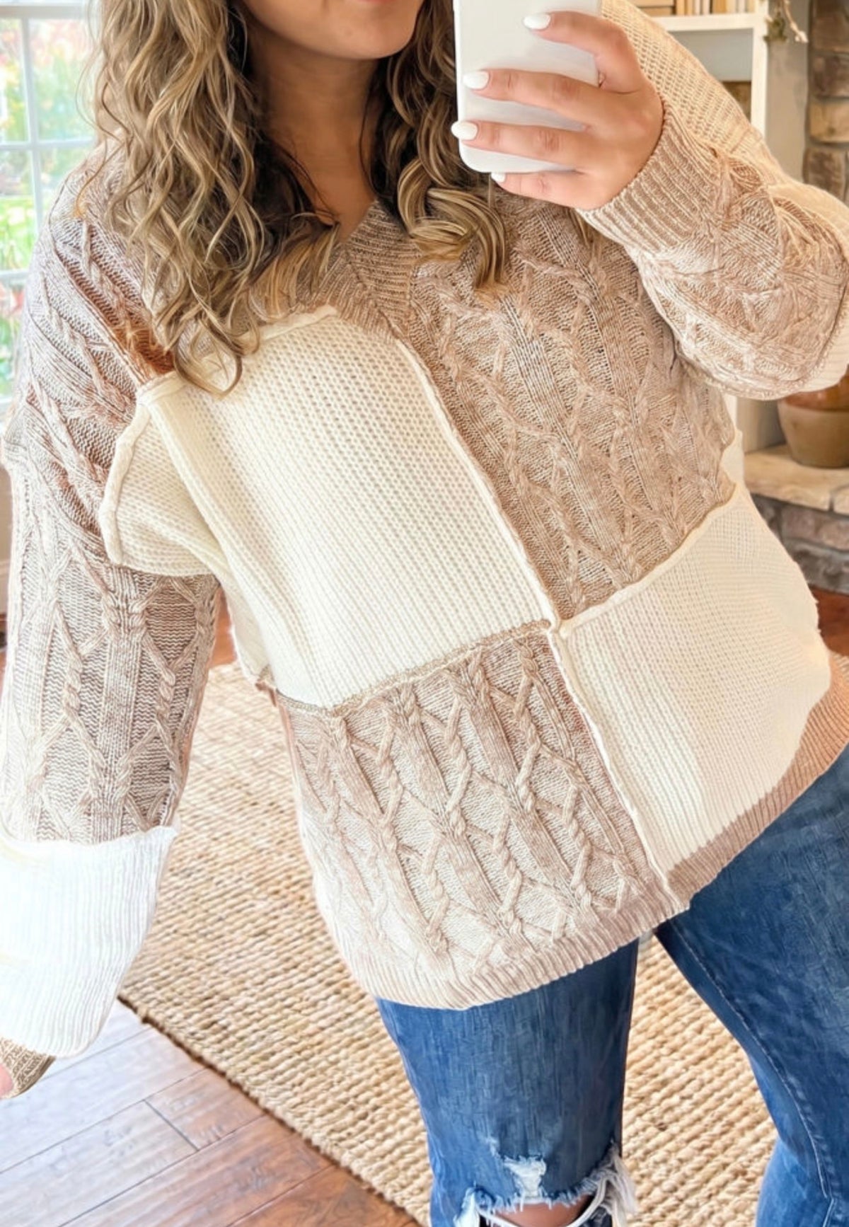 Parchment & Mocha Cable Knit Patchwork Sweater