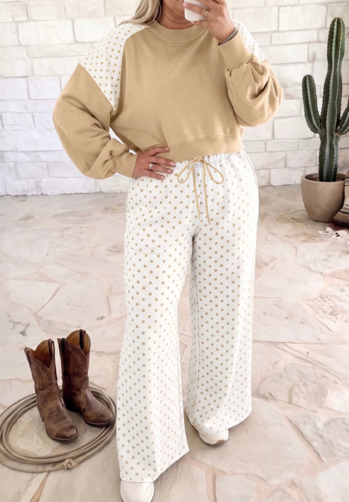 Khaki & Cream Polka Dot Two-Piece Lounge Set