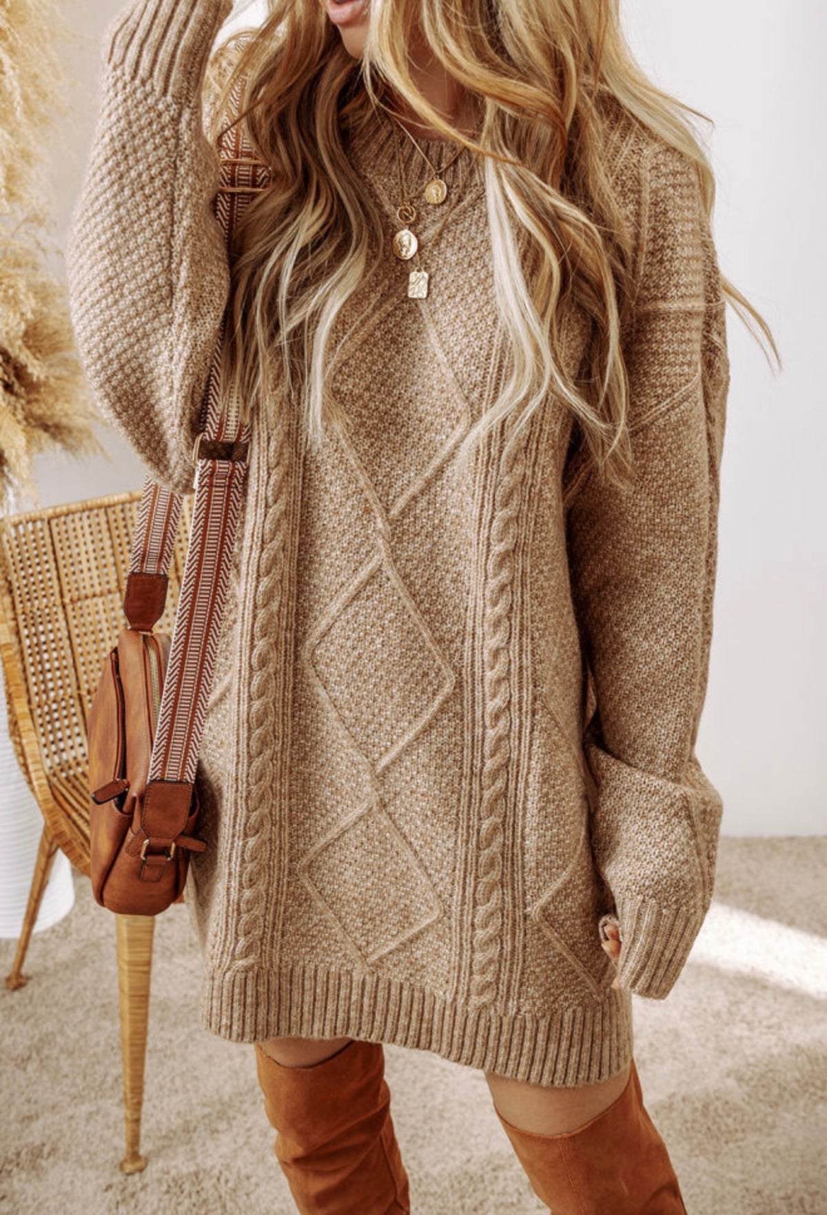 Parchment Cable Knit Sweater Dress