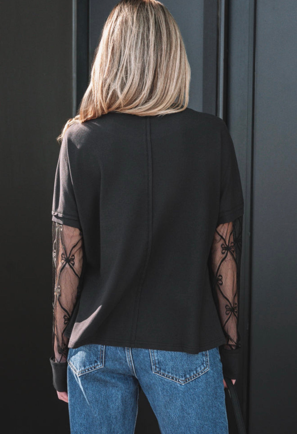 Black Bow Mesh Sleeve Top