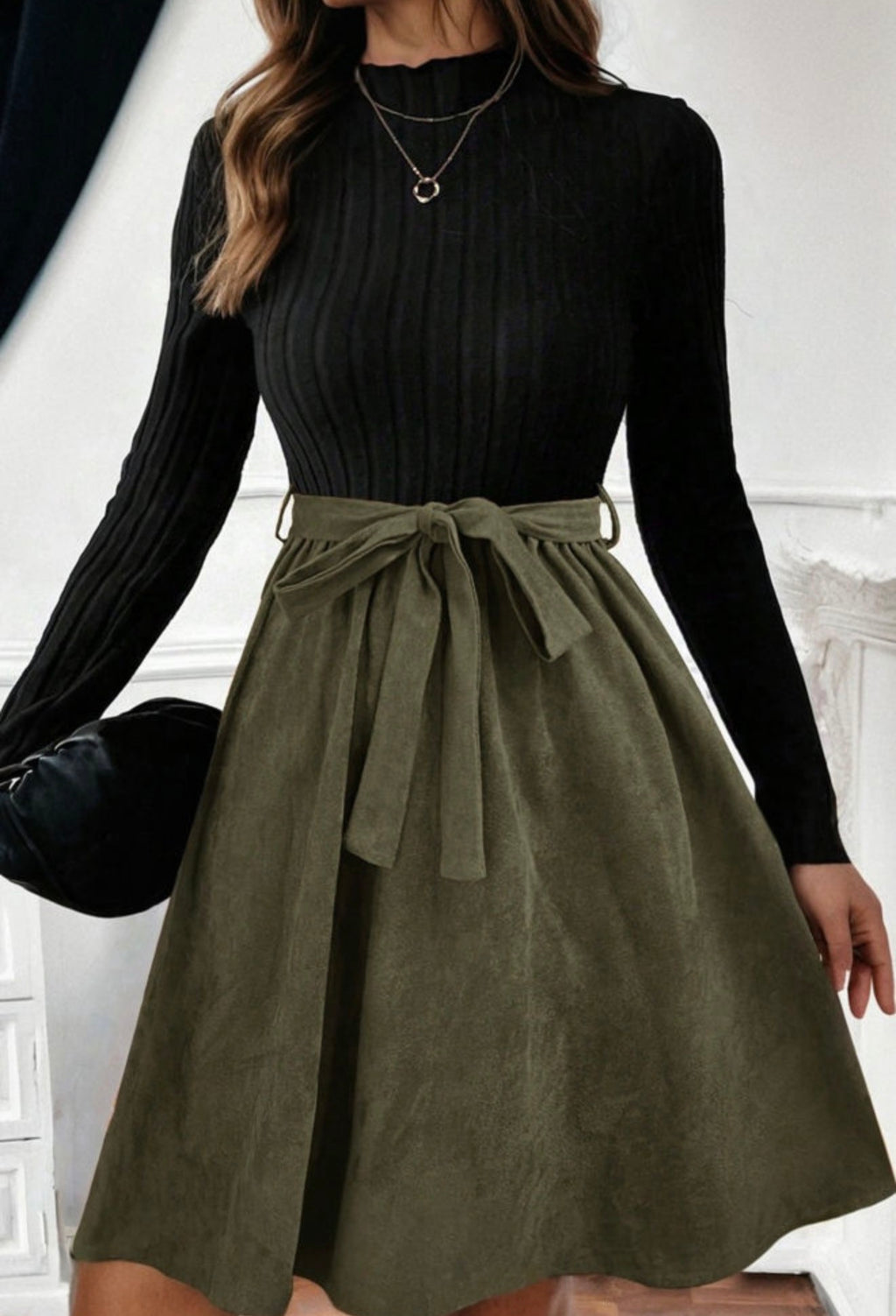 Olive Green & Black Colorblock Tie-Waist Mini Dress