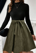 Olive Green & Black Colorblock Tie-Waist Mini Dress