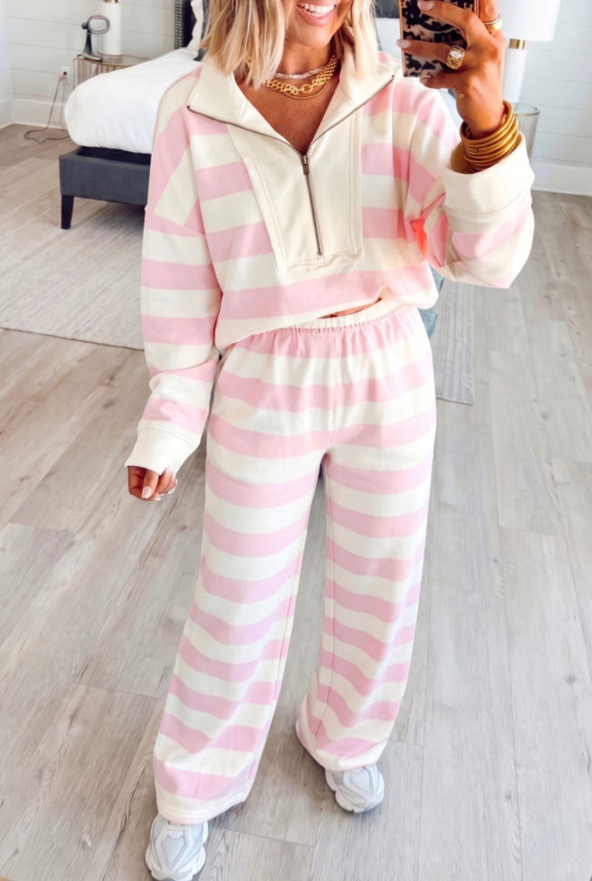 Pink & Cream Striped Half-Zip Two-Piece Lounge Set