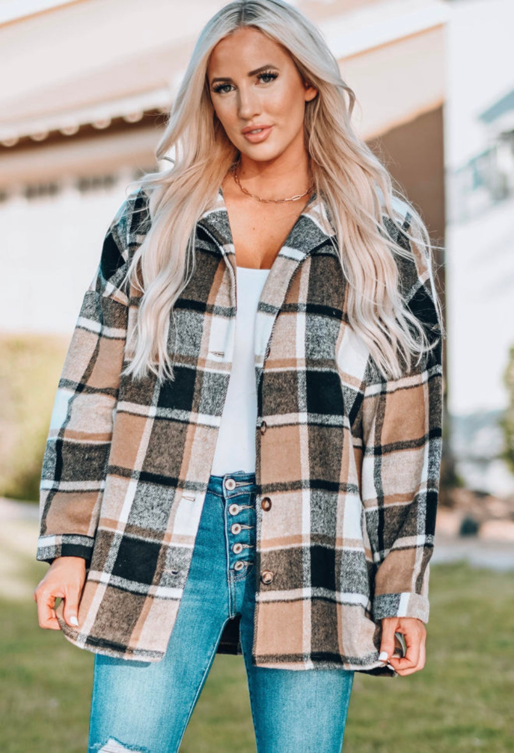 Cozy Camel & Black Plaid Button-Up Shacket