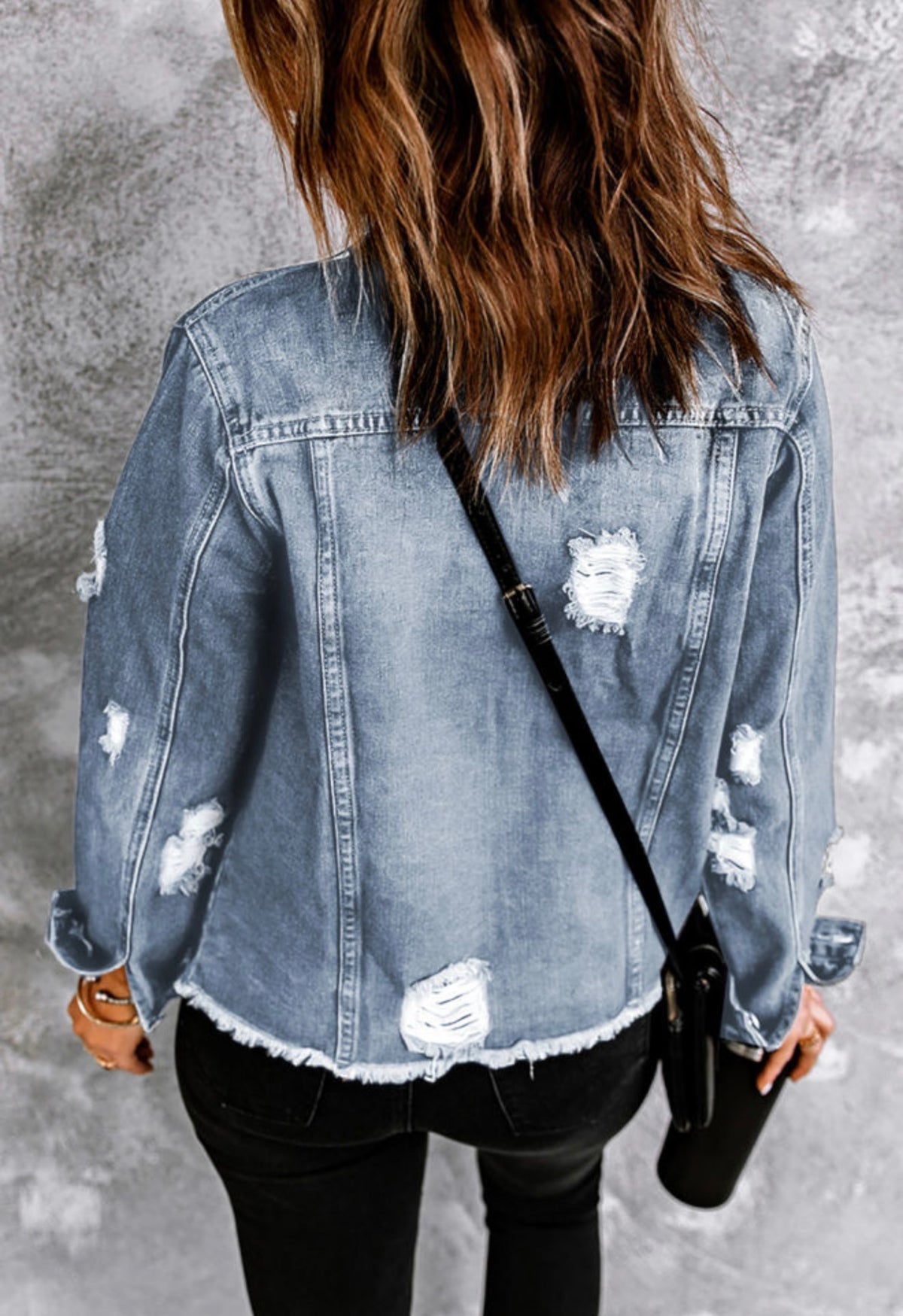 Light Wash Distressed Raw Hem Denim Jacket