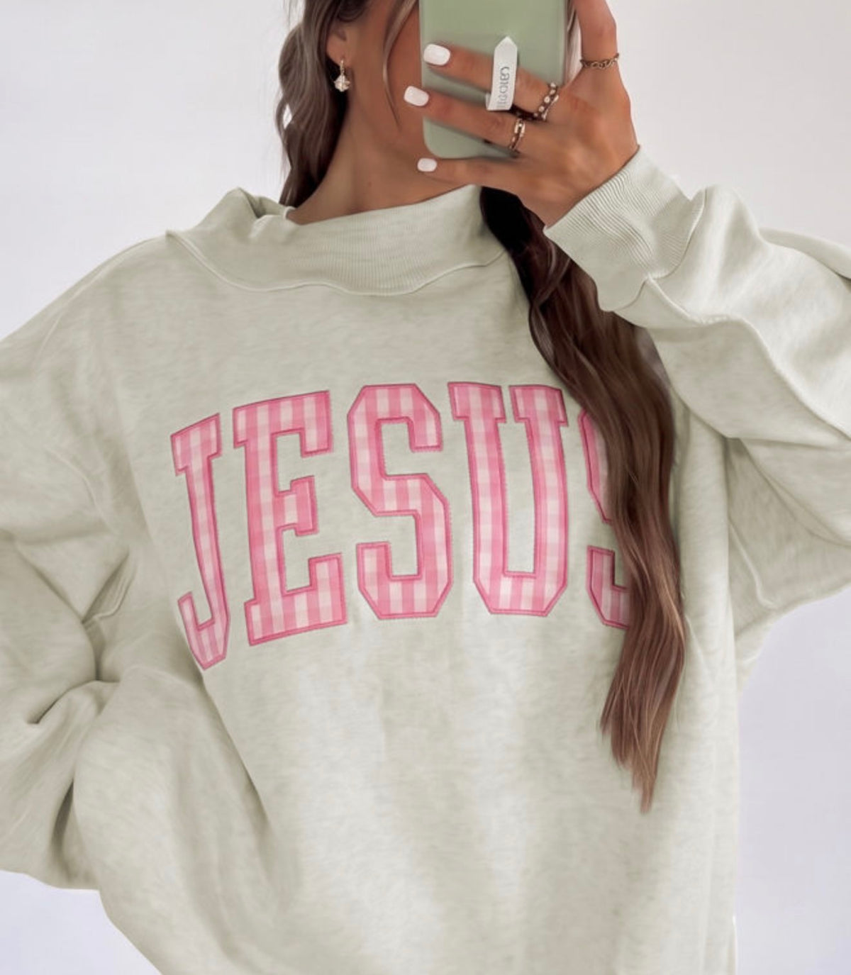Pink Gingham JESUS Oversized Sweatshirt