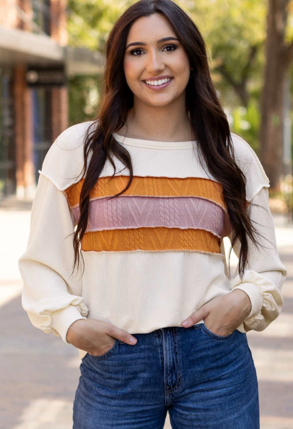 Cream Colorblock Textured Knit Long Sleeve Top