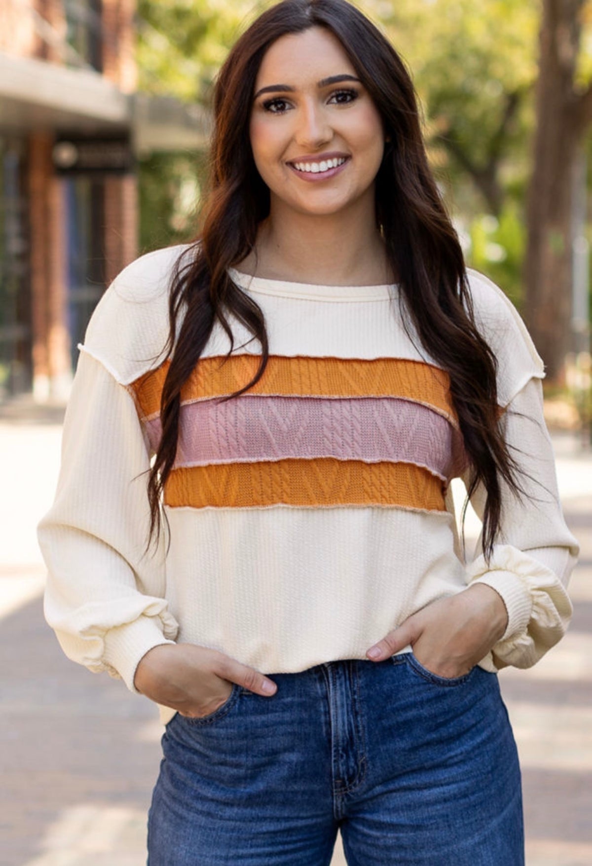 Cream Colorblock Textured Knit Long Sleeve Top