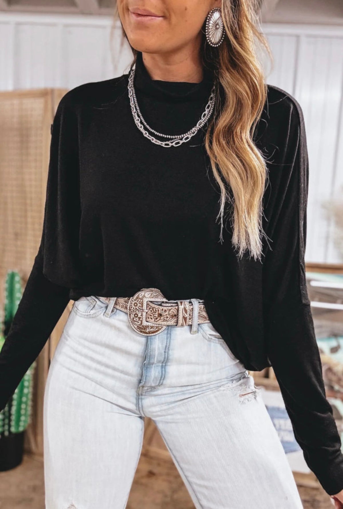 Black Relaxed Fit Mock Neck Long Sleeve Top