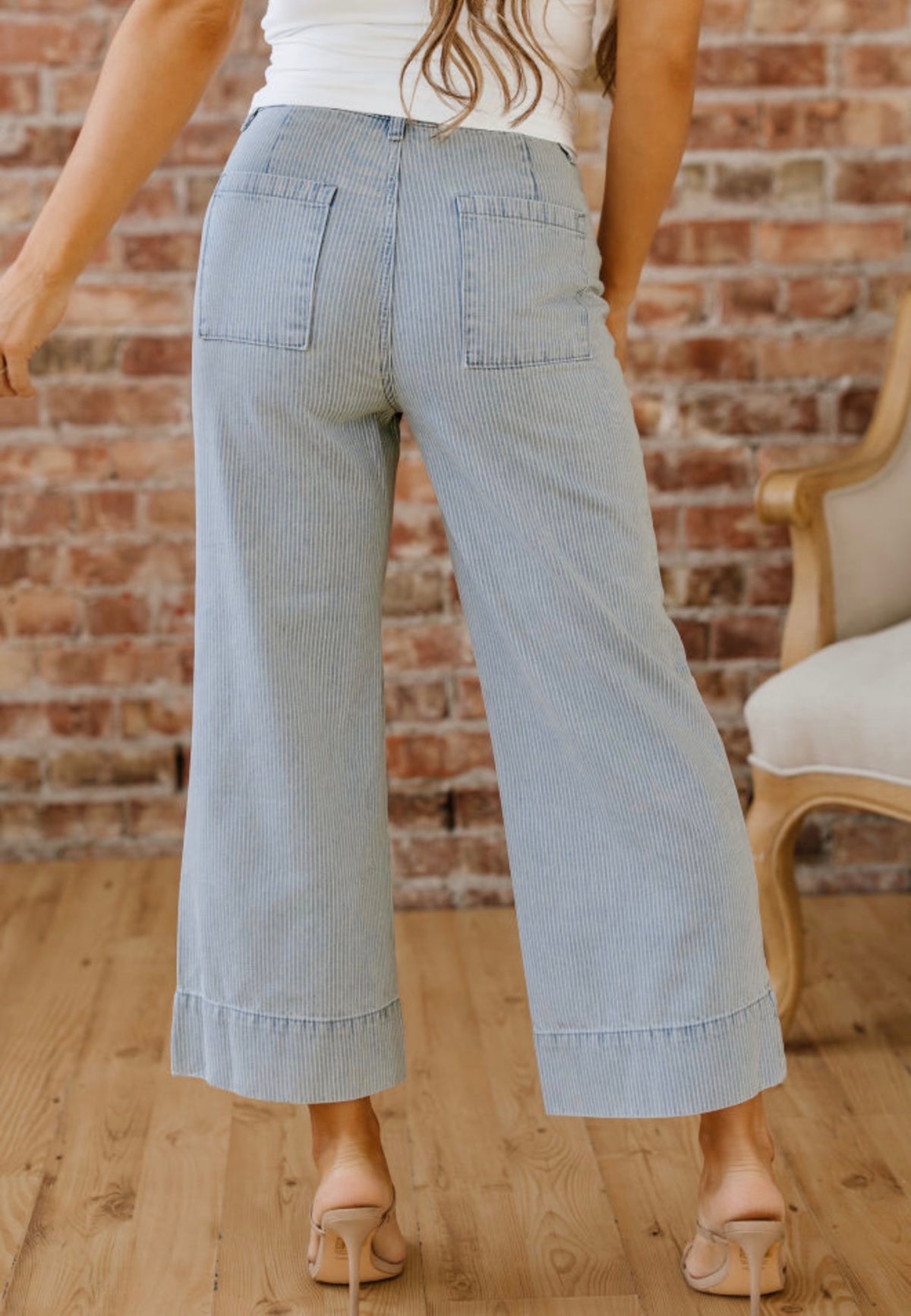 Sky Blue Pinstripe Wide Leg Cropped Jeans