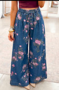Blue Floral High-Waisted Wide-Leg Jeans