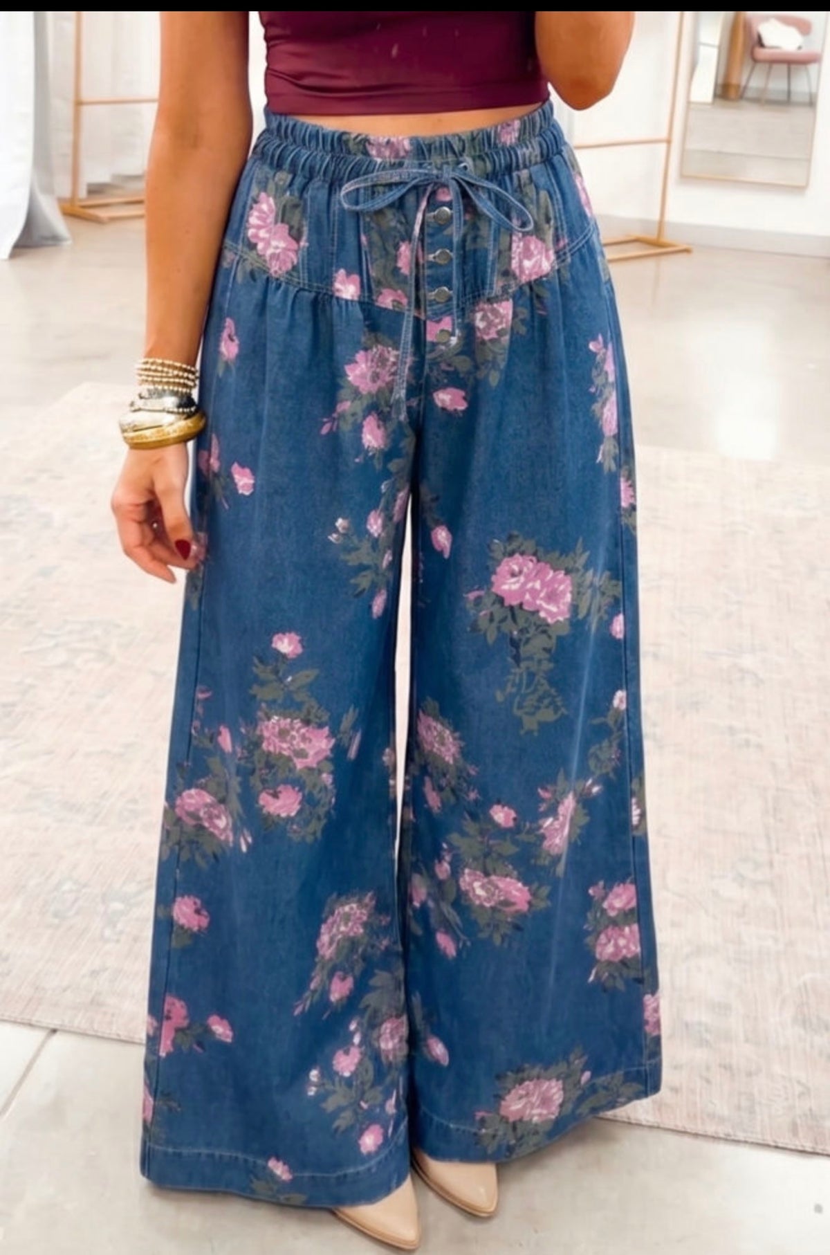Blue Floral High-Waisted Wide-Leg Jeans