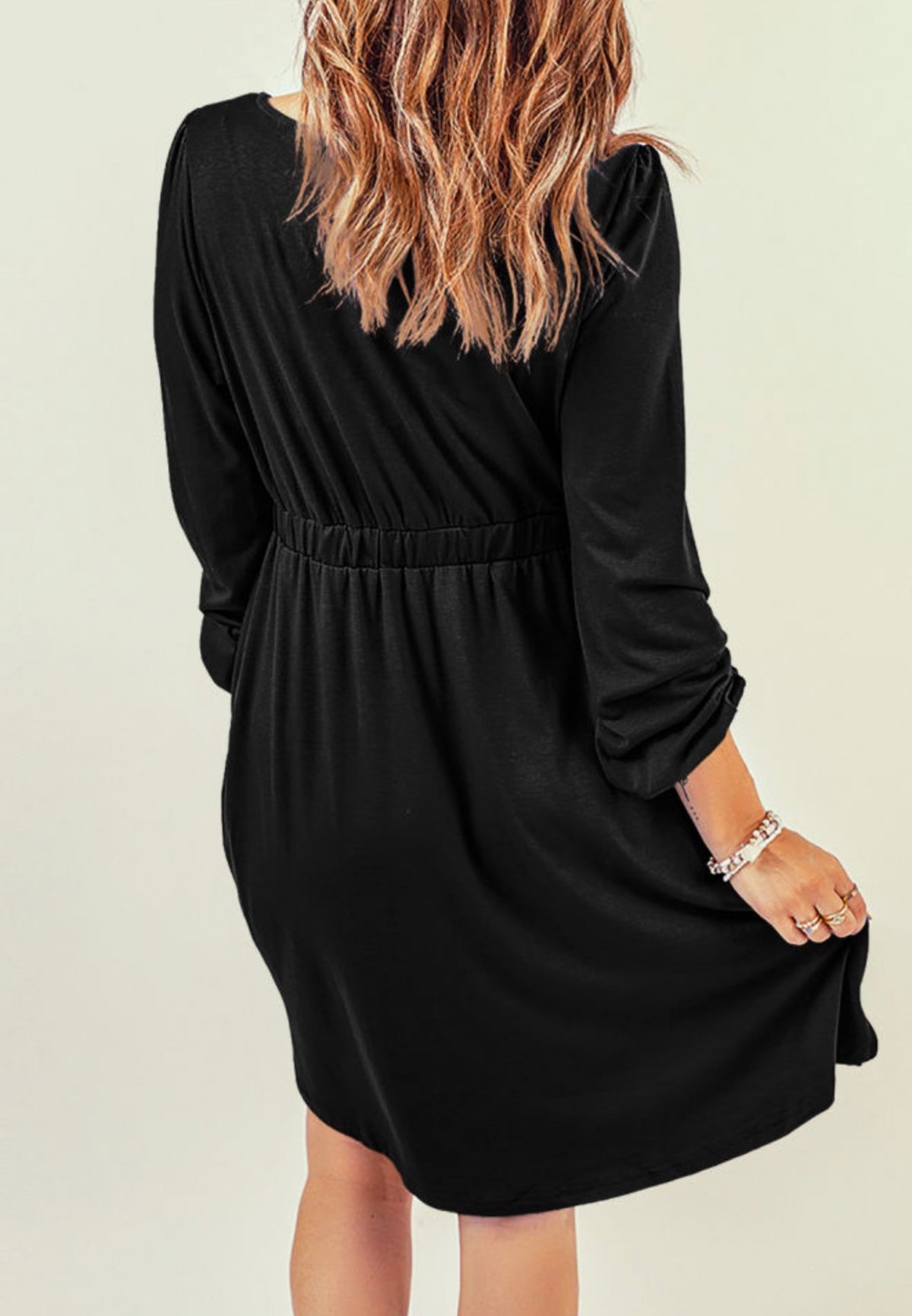 Black Button-Front Long Sleeve Dress