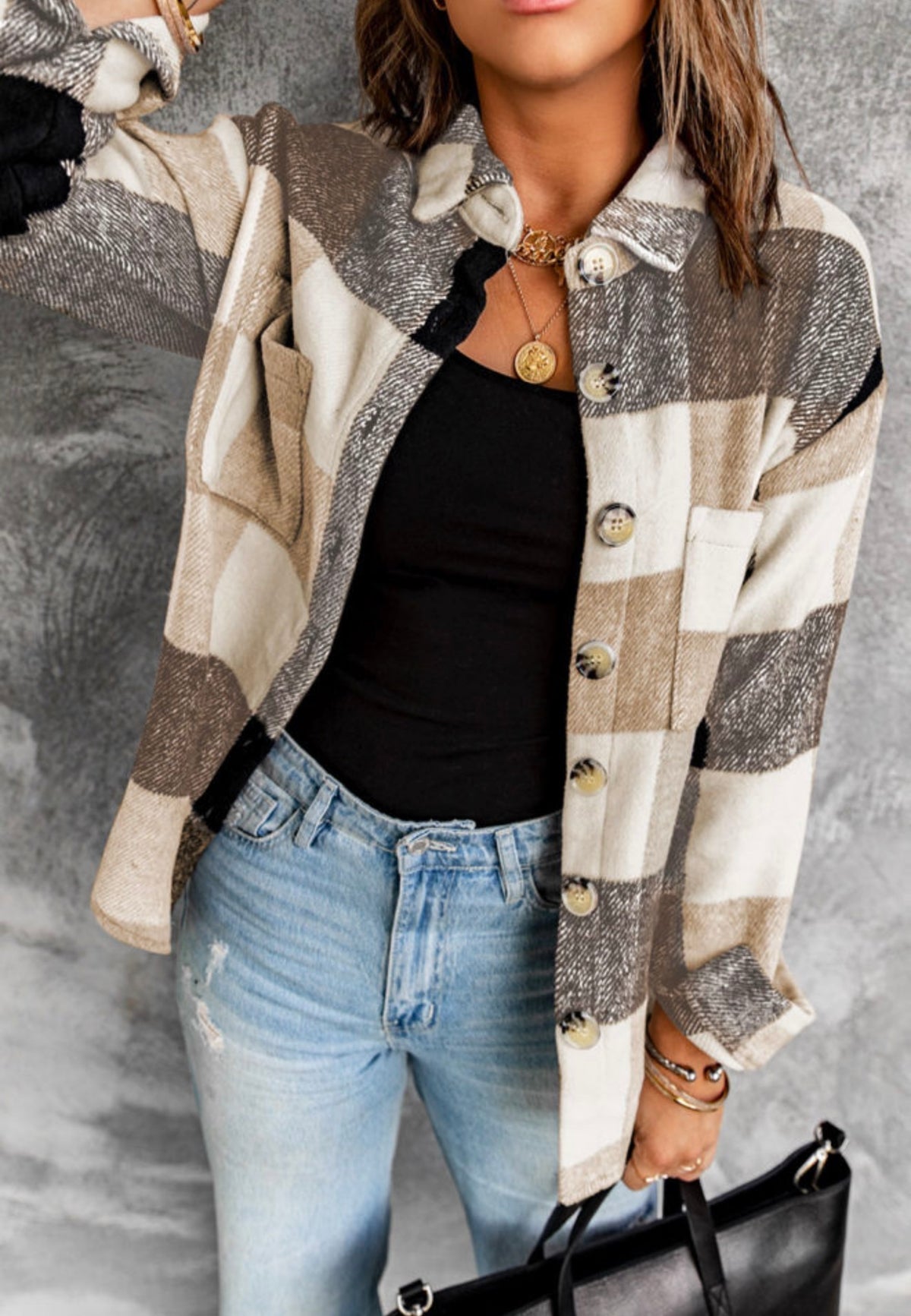 Neutral Plaid Button-Down Cozy Shacket