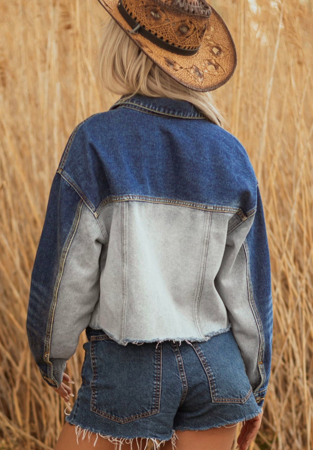 Two-Tone Colorblock Cropped Denim Jacket