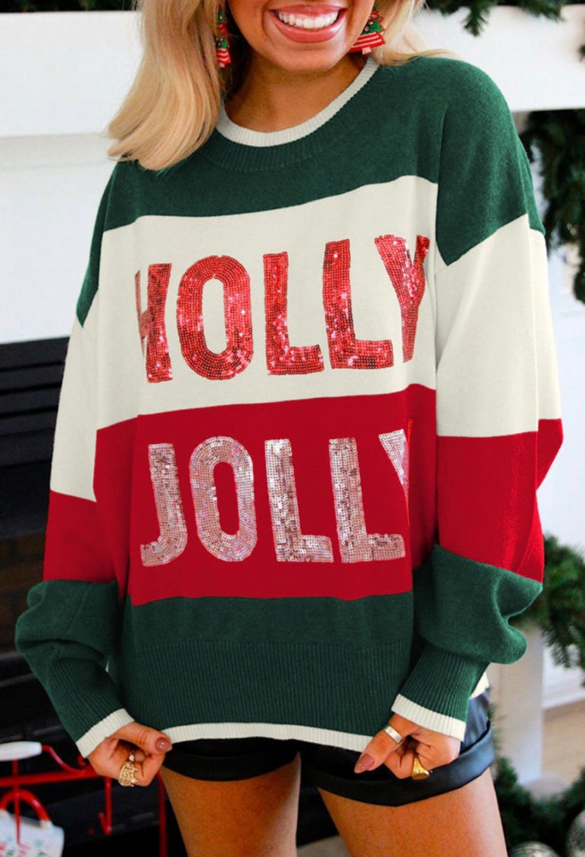 Holly Jolly Sequin Color Block Christmas Sweater