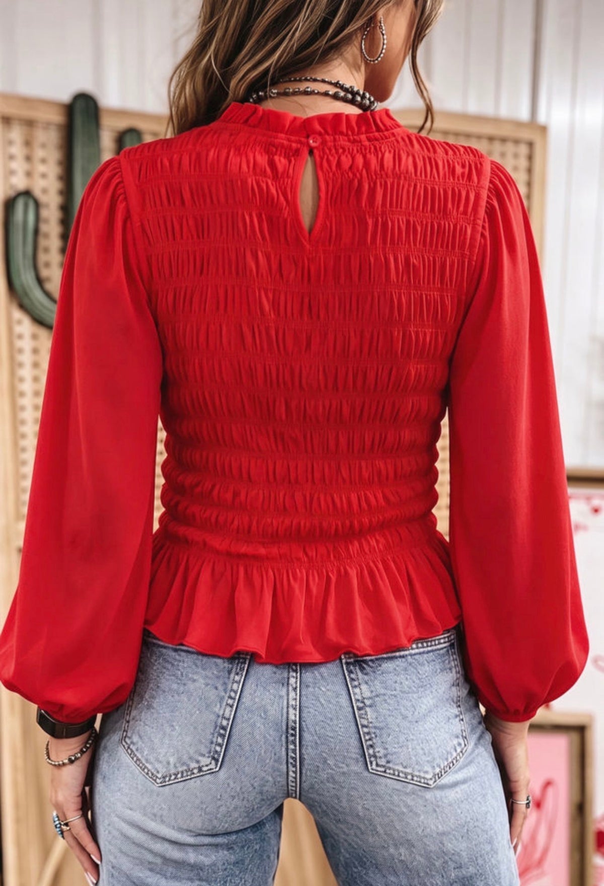 Racing Red Smocked Peplum Blouse