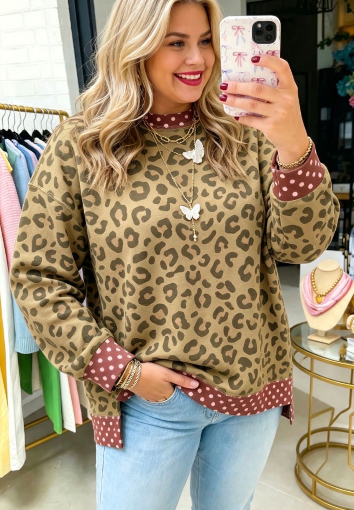 Leopard & Polka Dot Colorblock Long Sleeve Top