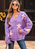 Lavender Star Patch Oversized V-Neck Sweater