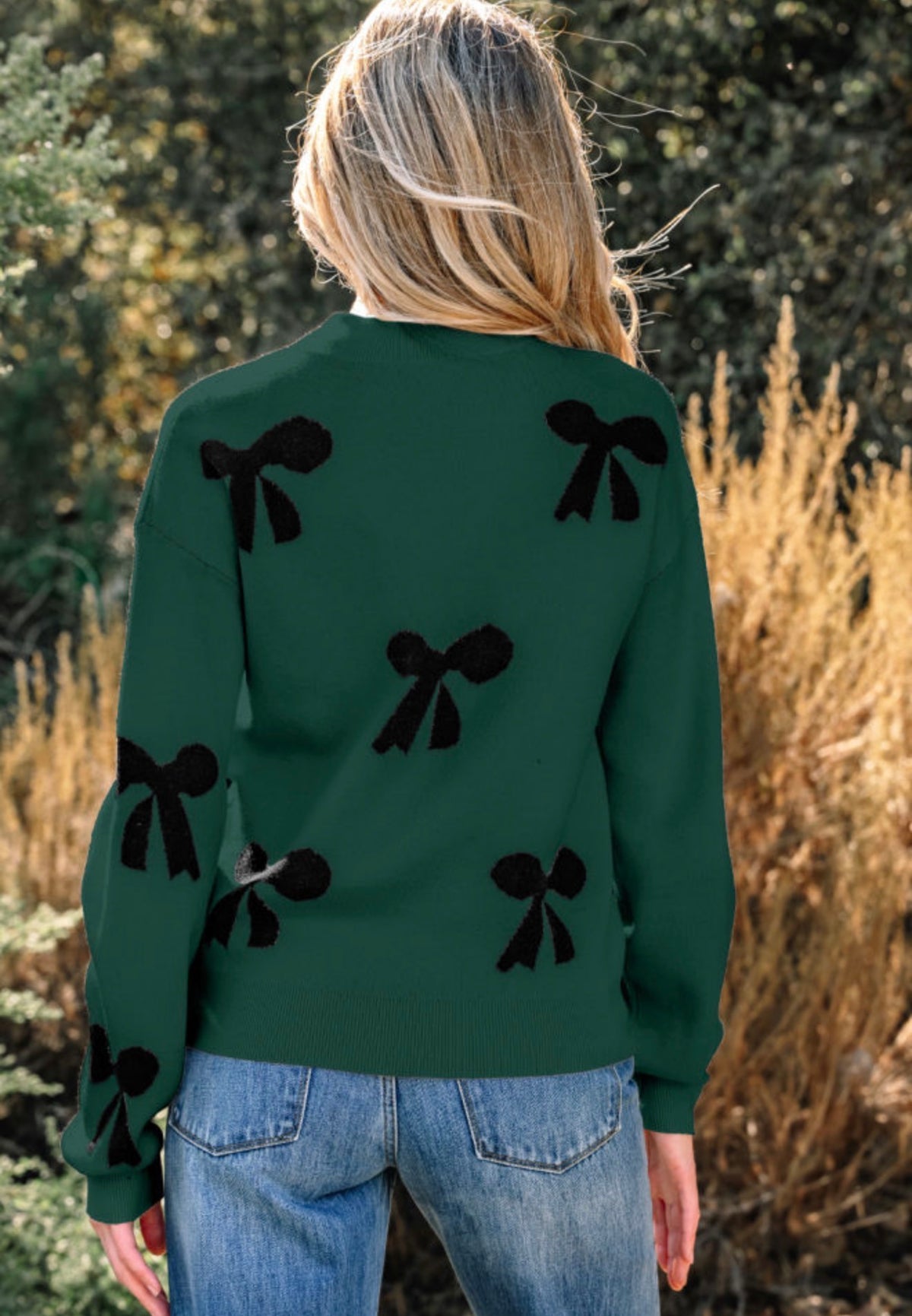 Forest Green Pearl Bow Knit Sweater