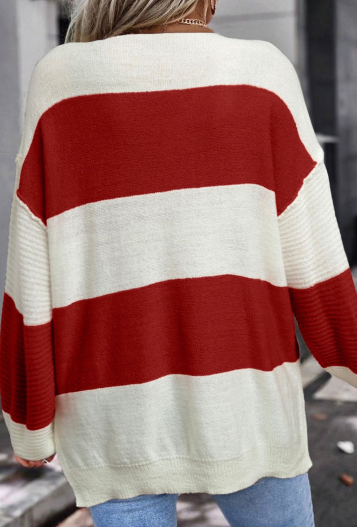 Red & Cream Colorblock V-Neck Sweater