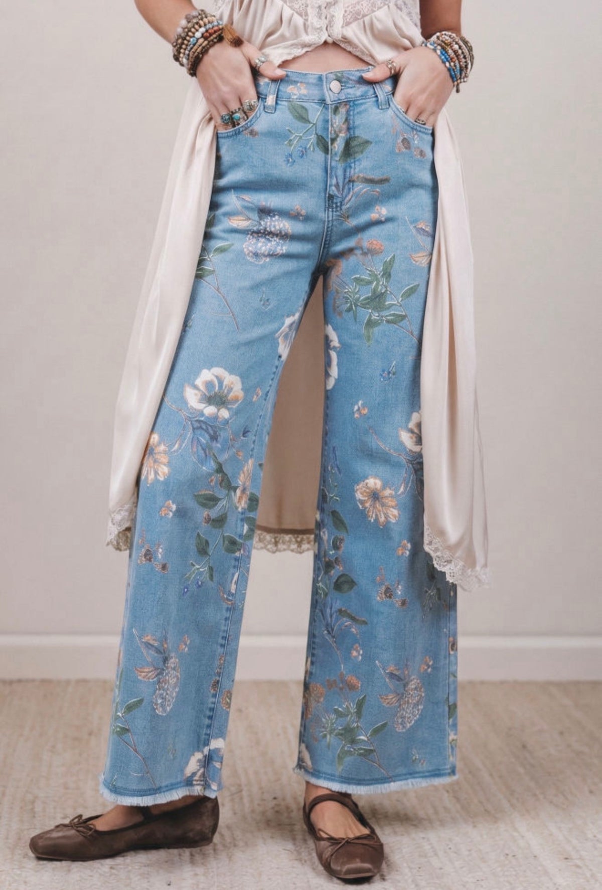 Sky Blue Vintage Floral High-Waisted Ankle Jeans