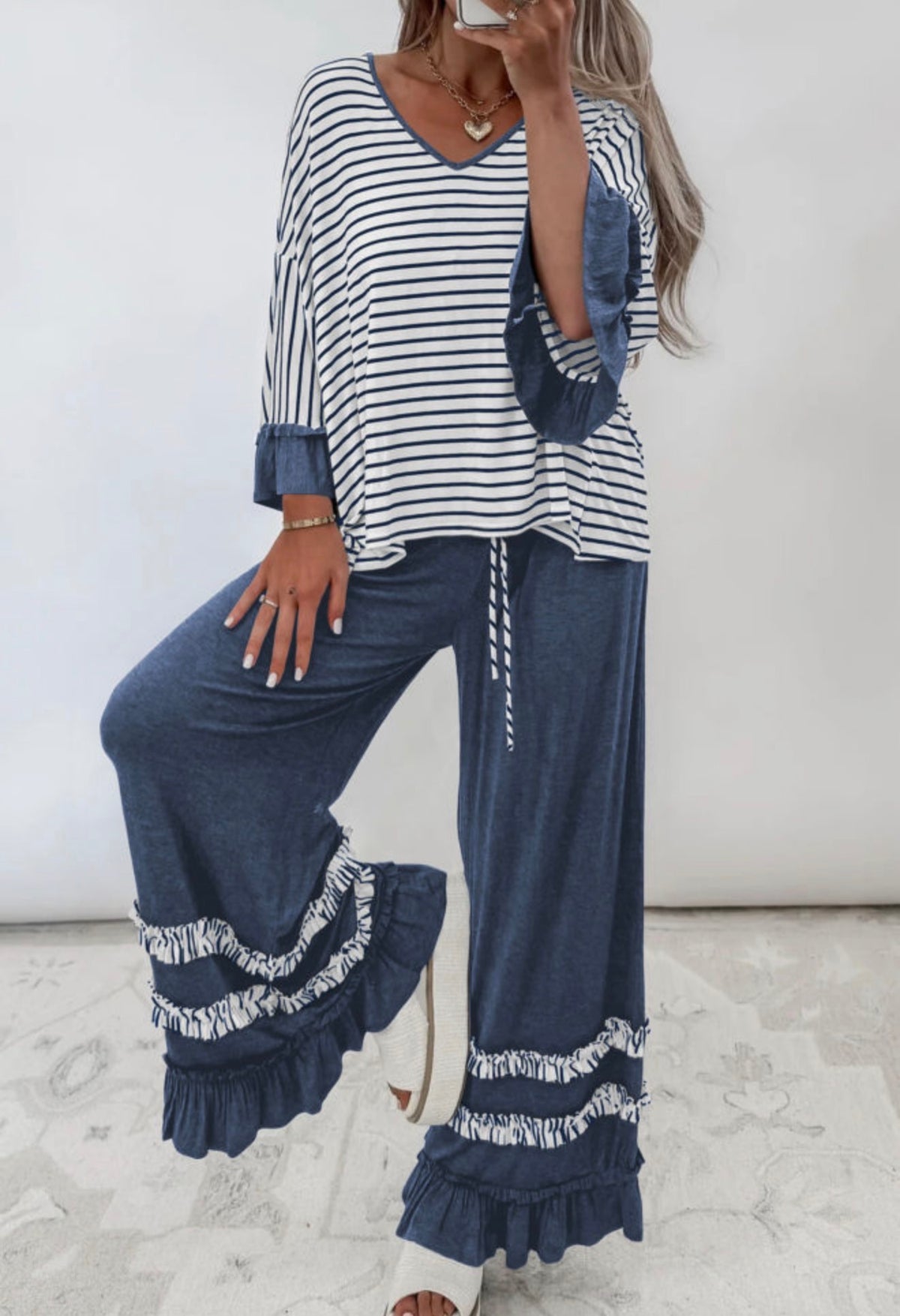 Blue & White Striped Ruffle Two-Piece Pant Set