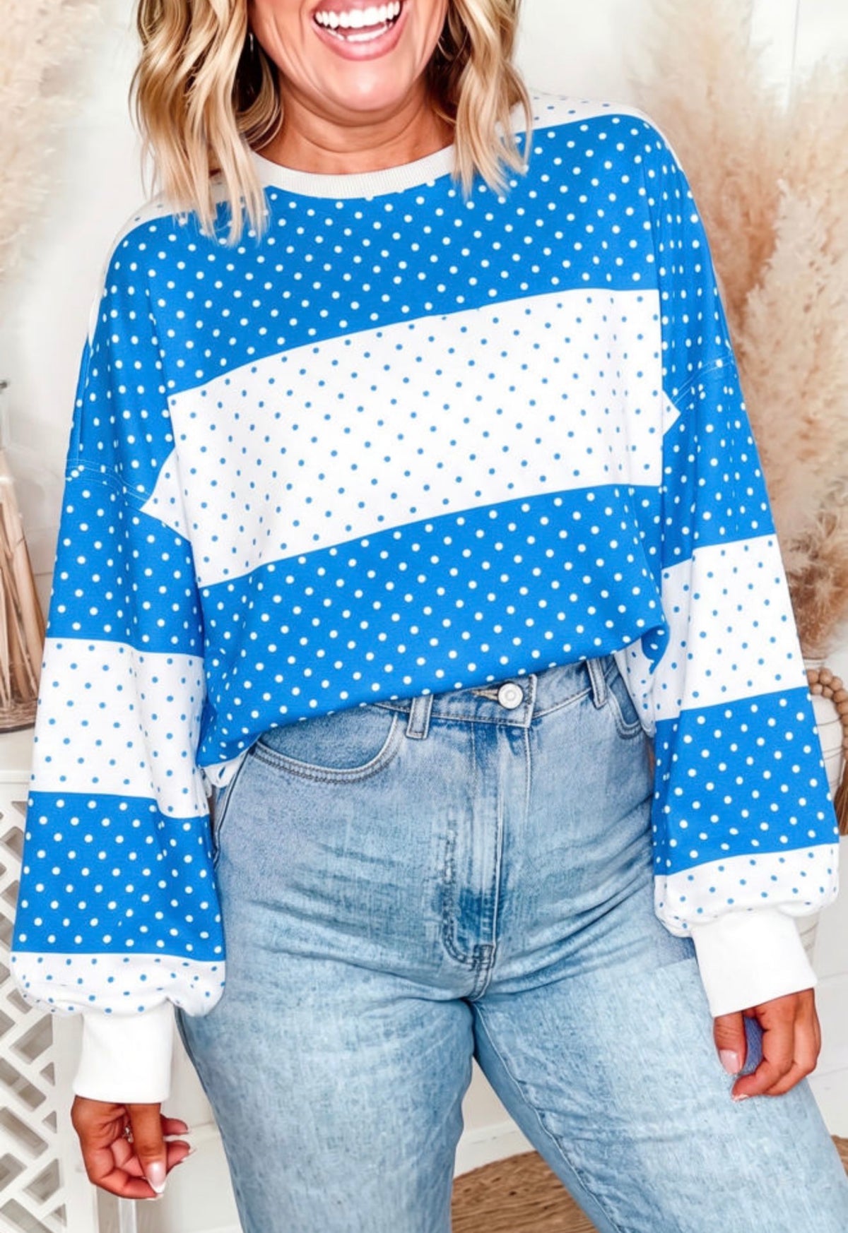 Blue & White Polka Dot Colorblock Long Sleeve Top