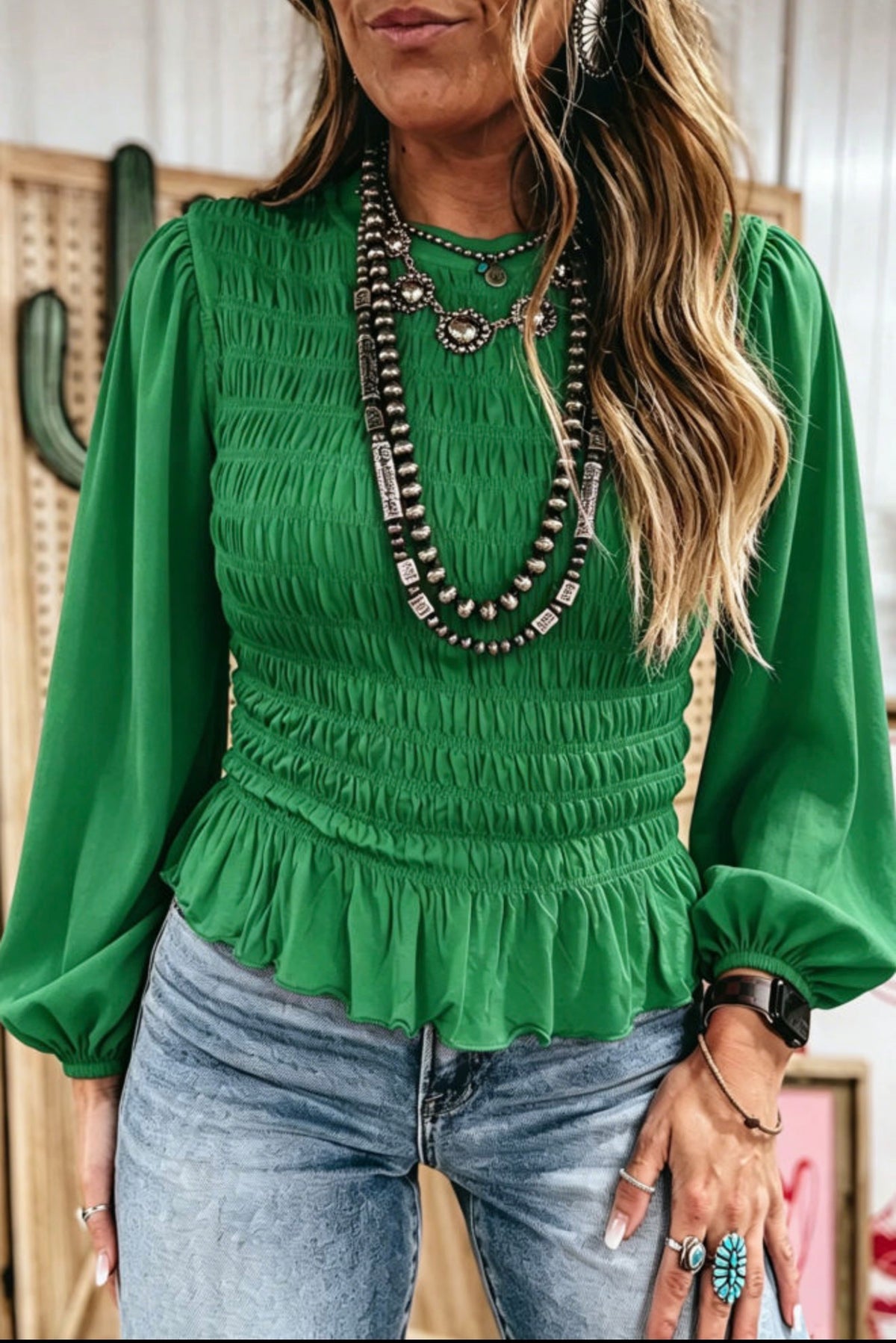 Bright Green Smocked Peplum Blouse