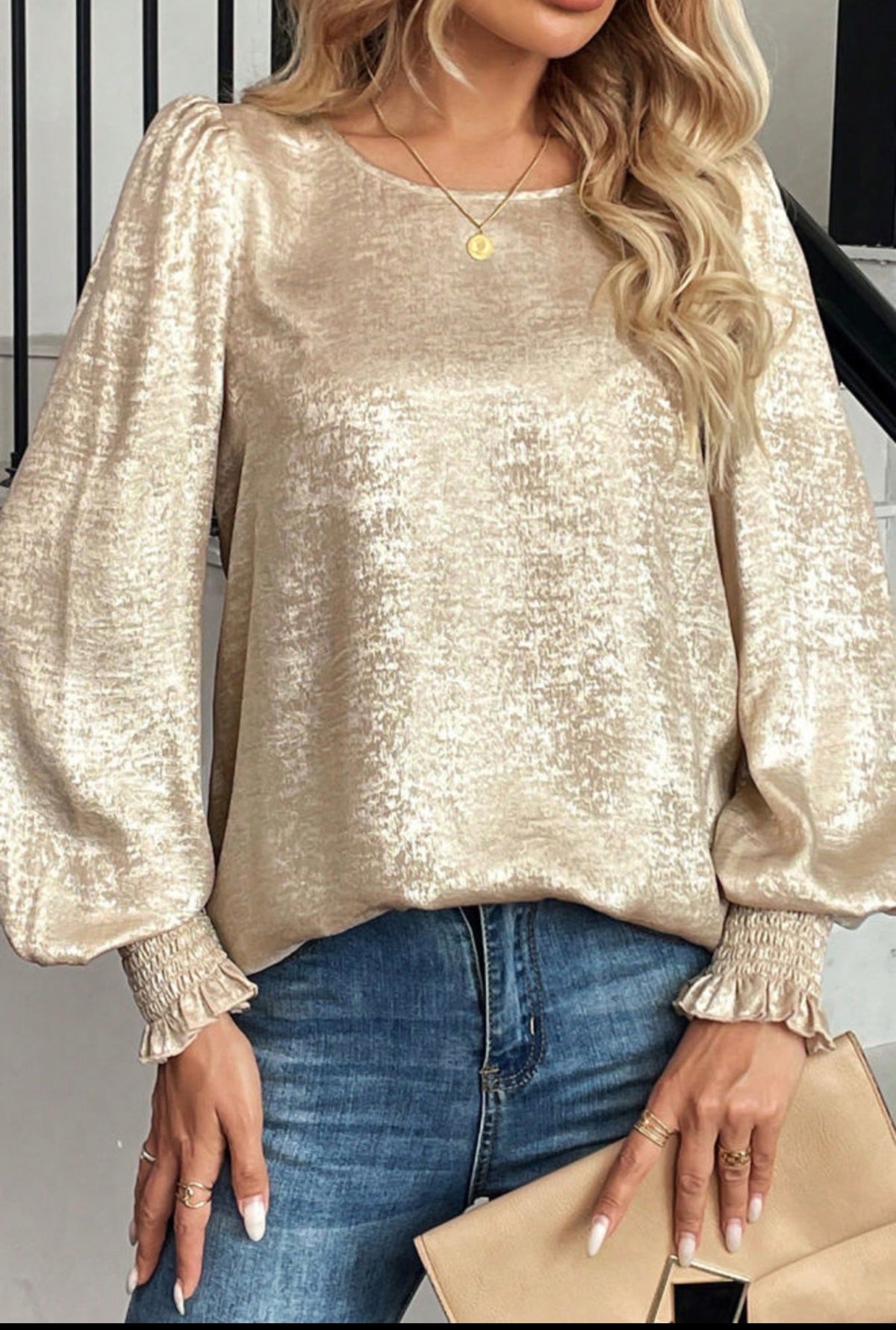 Champagne Shimmer Balloon Sleeve Blouse